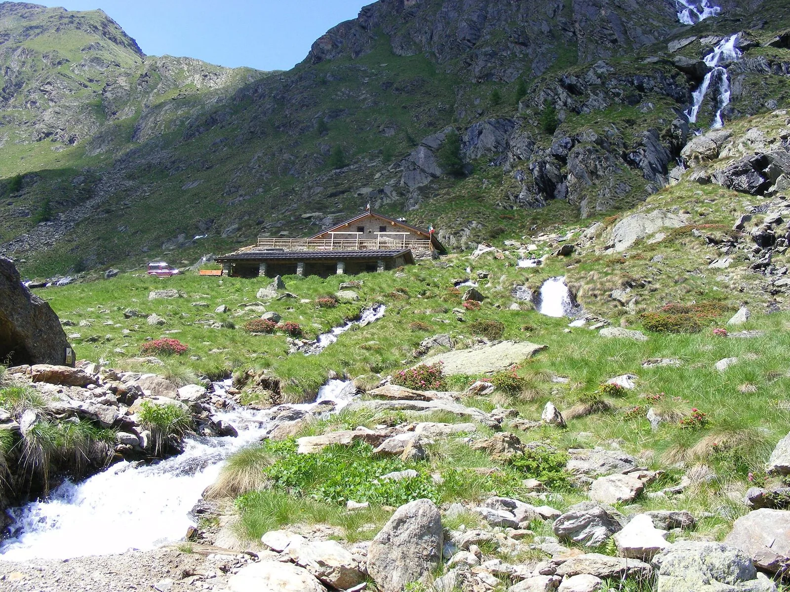 Malga Val Malza tra i pascoli d'alta quota, con torrente, rododendri in fiore e cascate