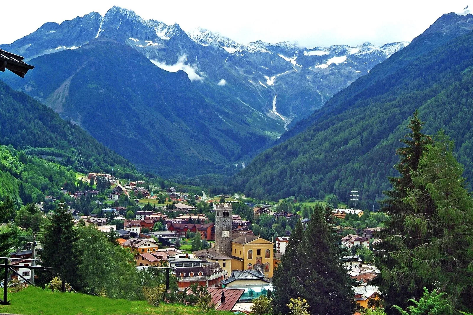 Ponte di Legno d'estate tra i boschi verdi, con il campanile e le cime del Castellaccio sullo sfondo